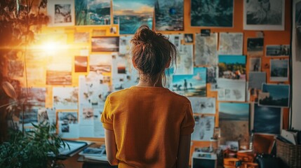 Young caucasian female analyzing inspiration wall with photos and clippings in creative workspace