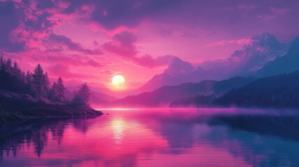 Vibrant sunset over tranquil lake with majestic mountains