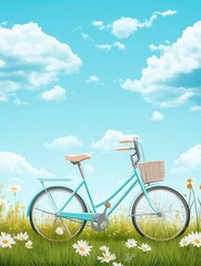 Naklejka premium Turquoise Bicycle in Field of Daisies with Blue Sky and Clouds
