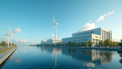 State-of-the-Art Carbon Neutral Energy Facility: Integrating Renewable Technologies & Emission Reduction Systems for Sustainable Environmental Solutions - Photo Stock Concept with Left Space