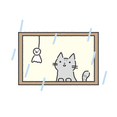 窓から梅雨の雨を見つめる猫イラスト