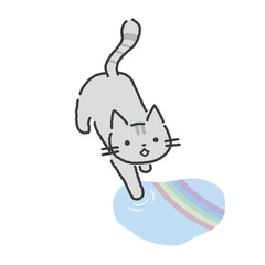 梅雨の雨上がりの水たまりに手を伸ばす猫イラスト