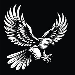 Bold Eagle Tattoo Art – White Ink Vector of Soaring Raptor with Black Background