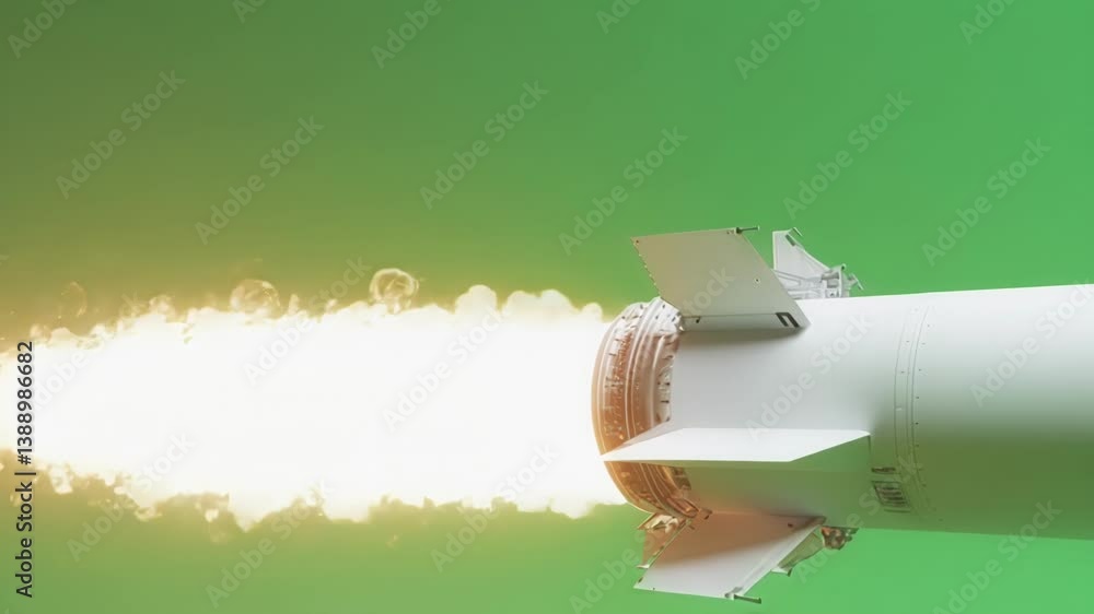 Poster white military missile rapidly accelerating against green screen, showcasing high speed ballistic pr