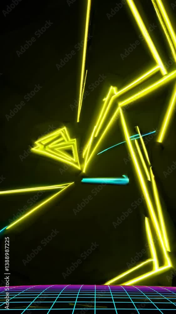 Poster neon geometric light patterns with retro grid background