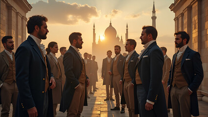 Enduring tribute to founding fathers rendered in a sophisticated historical reenactment setting with detailed period costumes and iconic landmarks celebrating American innovation in  Photo Stock  Conc