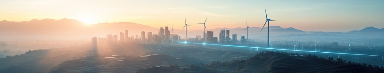 Obraz premium Sustainable Energy Landscape: Wind Turbines and Terraced Fields at Dawn. Abstract Marketing Background with Smart Grid Energy Flow, Low-Poly Buildings, and Particle Effects. Eco-friendly Technology Co