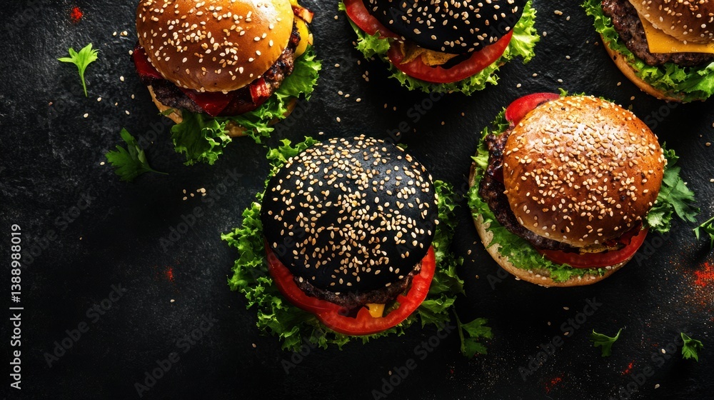 Poster assorted colorful burgers with unique buns and fresh toppings under ambient lighting