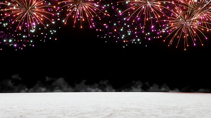 A fireworks display is shown in the background of a black and white photo