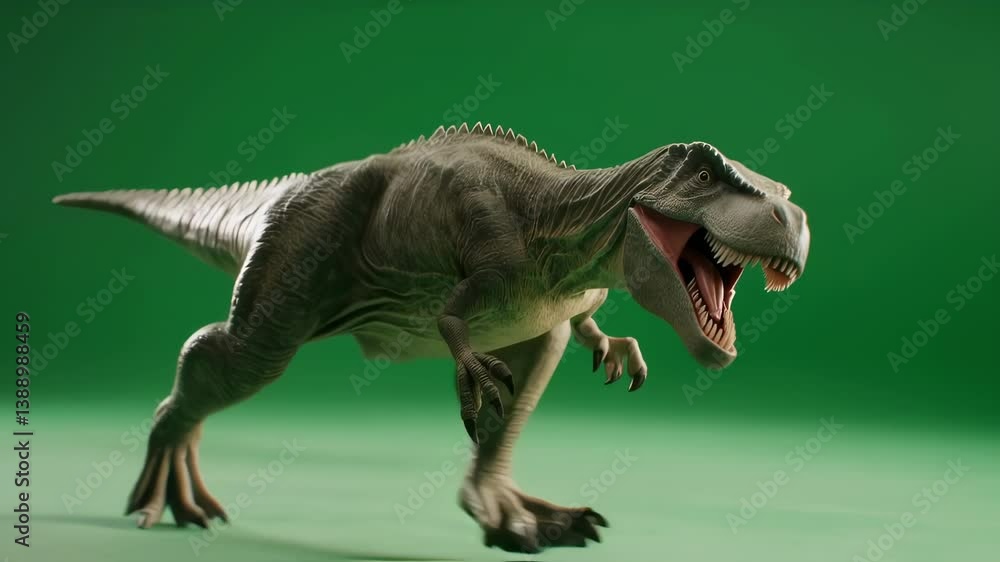 Poster realistic cgi animation of a tyrannosaurus rex running with mouth open on a green screen background,