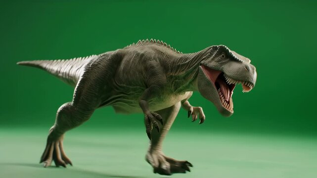 Realistic cgi animation of a tyrannosaurus rex running with mouth open on a green screen background, perfect for visual effects and compositing