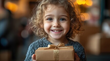 Happy caucasian child with curly hair holding a gift box