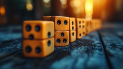 Close-up of wooden dice on rustic table with sunlit background