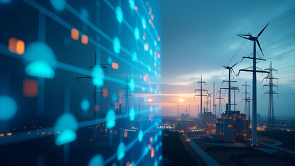 Fototapeta premium High Efficiency Sustainable Energy Plant: Advanced Renewable Power Systems & Digital Analytics for Optimized Clean Power Generation in Photo Stock Concept