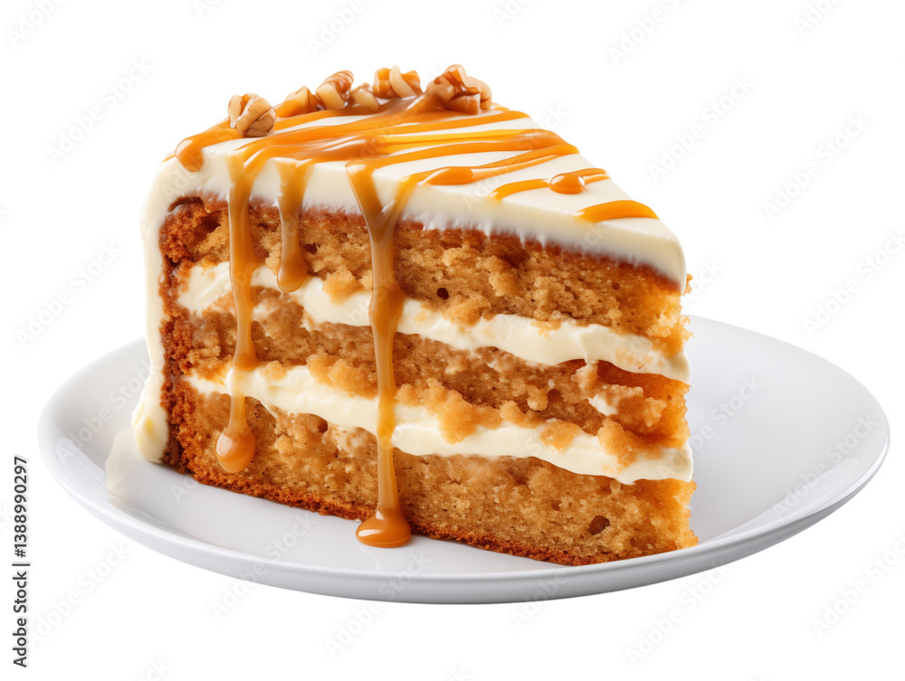Poster a slice of layered cake with white frosting and caramel drizzle on a white plate isolated on black o