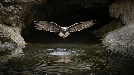 Obraz premium The moment of a bat buzzard drinking water from a cave pool mid-flight, perfect water reflection, ripples spreading outward