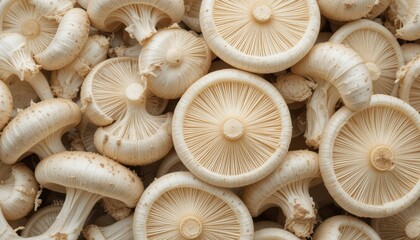 Freshly harvested assortment of organic mushrooms piled together on a rustic wooden surface