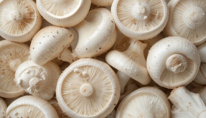 Vibrant and fresh collection of different varieties of mushrooms artfully stacked on a wooden table