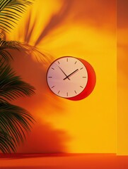 Clock Hanging on Wall with Palm Leaf Shadow in Warm Lighting