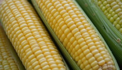 Golden ears of corn piled together on a wooden table surrounded by green leaves in natural light