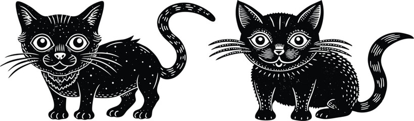 Halloween cat illustration infused with surreal, psychedelic vibes. Featuring retro stippling techniques and grunge textures, this design blends old-school inking with modern experimental chaos vector