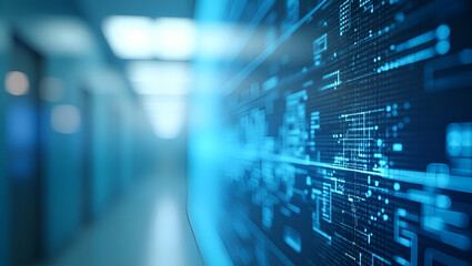 Fototapeta premium Minimalist wallpaper design with expansive empty space and precise geometric forms symbolizing robotic surgery by merging advanced medical technology with futuristic digital patterns to evoke high tec