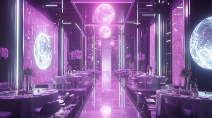 Futuristic wedding banquet hall, glowing holographic walls, sleek metallic tables, minimalistic flower arrangements, AI-controlled ambiance, sci-fi aesthetic, neon purple lighting, cinematic