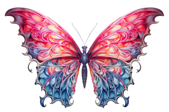 Illustration of a colorful butterfly with intricate designs on its wings and body art design style on transparent background