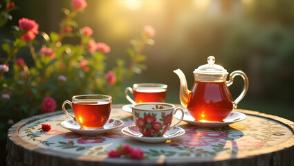 Fototapeta premium Capture an enchanting tea garden scene with vintage teaware, floral backdrops, and serene light, perfect for outdoor leisure and gatherings.