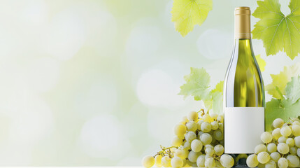 Fototapeta premium beautiful wine bottle surrounded by fresh green grapes and leaves, evoking sense of elegance and freshness