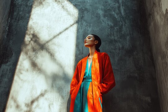 A woman in a vibrant orange and teal jumpsuit poses against a textured wall, bathed in sunlight.