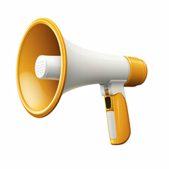 Realistic handheld megaphone illustration with orange and white body, loudspeaker device for public speaking isolated on transparent background