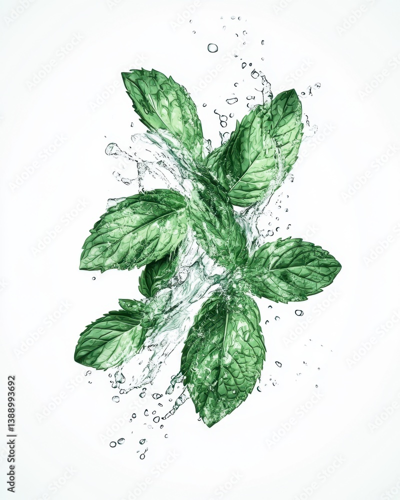 Poster fresh mint leaves in sparkling water create a refreshing and invigorating visual with a clean white 