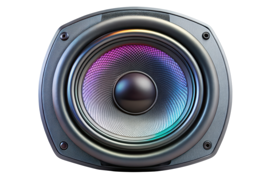 Powerful speaker with vibrant LED lighting effects isolated on a transparent background