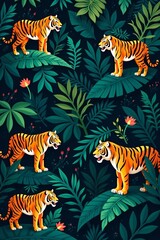 Obraz premium Lush jungle with vibrant tigers in repeated pattern, leaves, nature