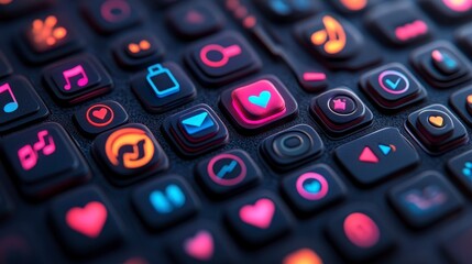 Glowing neon icons arranged on dark surface. Icons include heart, play, and mail symbols