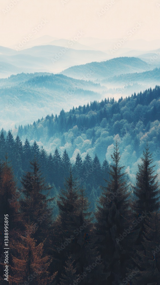 Aufkleber serene mountain landscape with misty forest and layered hills in soft light capturing depth and tran