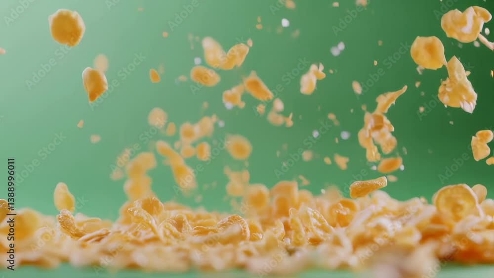 Poster multiple shots of cornflakes falling against a vibrant green screen backdrop, creating a dynamic vis
