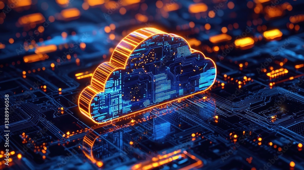 Poster Clouds server intelligent glowing system driving globalization concept. Abstract representation of cloud computing and digital networks.