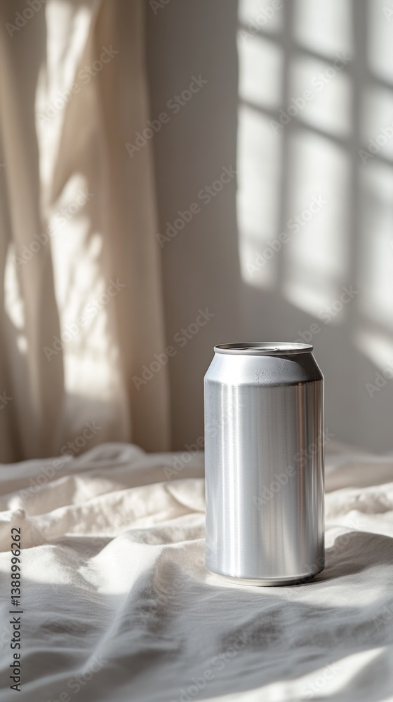 Aufkleber minimalist composition of aluminum can on draped fabric with window shadow creating a serene and mod