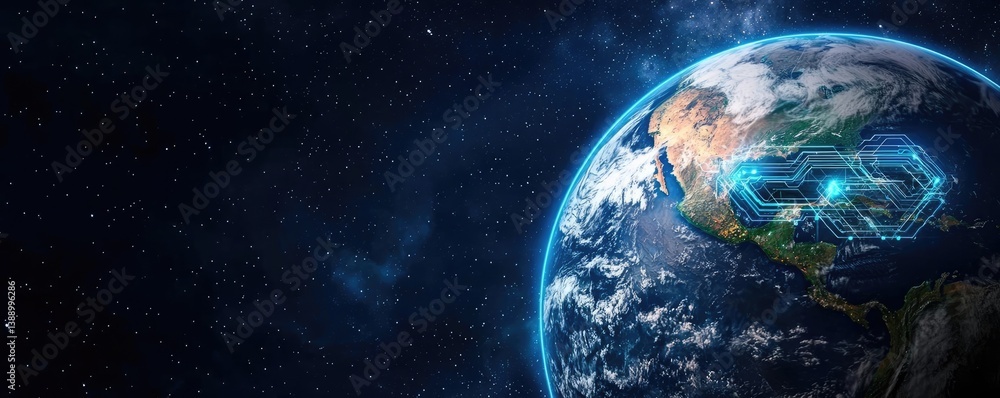 Poster Clouds server intelligent glowing system driving globalization concept. Futuristic view of Earth with digital interface in space.