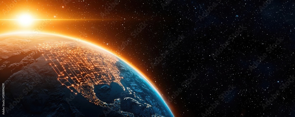 Poster Clouds server intelligent glowing system driving globalization concept. Stunning view of Earth from space with a sunrise glow.