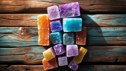 Colorful stacked salt blocks on rustic wooden planks.