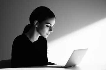 A woman in a dark top sits at a table, thoughtfully looking down at her laptop.