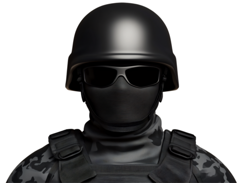Dark Helmet Shadowy Figure Tactical Gear Strong Silhouette. AI Generated