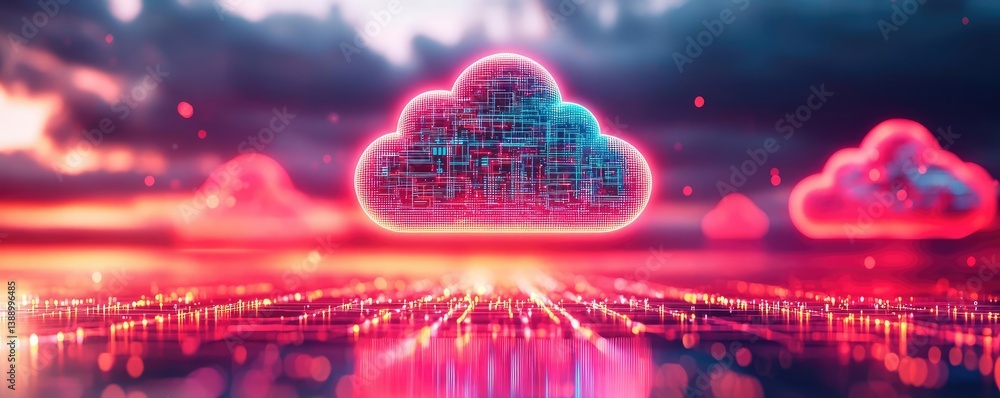 Poster cloud server intelligent innovation driving global systems concept. futuristic digital cloud with gl