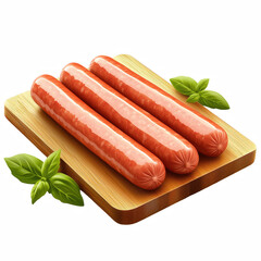 Realistic illustration of fresh pork hot dog sausages arranged on wooden cutting board with basil leaves, raw meat ingredient isolated on transparent background

