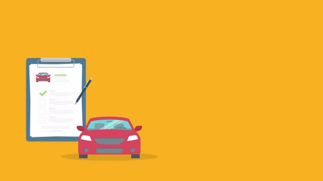 Car insurance document, report. Paper agreement checklist or loan checkmarks form list approved with automobile icon, vehicle financial, car dealership legal deal.