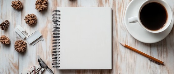 Blank Notebook with Coffee Cup and Pencil on Wooden Surface for Creative Writing or Planning