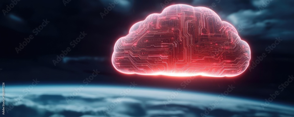 Poster Clouds server intelligent glowing system driving globalization concept. Futuristic digital cloud with neon glow over planet Earth.